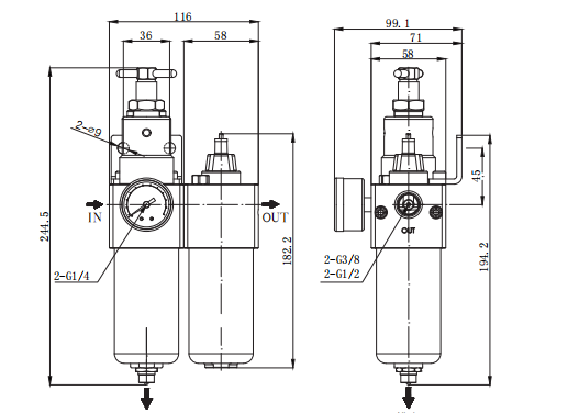 Combinação Mini FRL de Aço Inoxidável 3